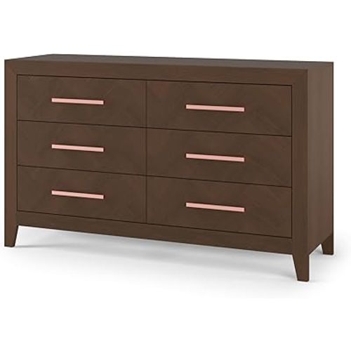 Child Craft Kieran 6-Drawer Double Dresser, 55" W Transitional Modern Nursery Dresser with Herringbone Fronts, Metal Pulls, Toasted Chestnut