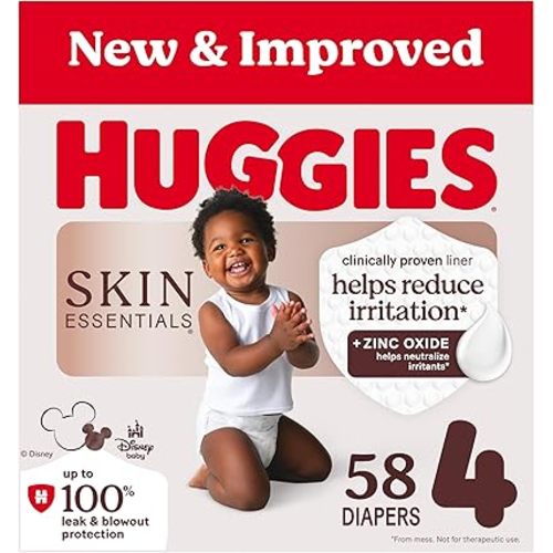Huggies Size 4 Diapers, Skin Essentials Baby Diapers, Size 4 (22-37 lbs), 58 Count, Packaging May Vary