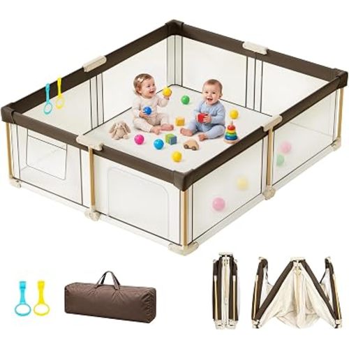Foldable Baby Playpen 51x59 in Portable Travel Play Yard, Brown