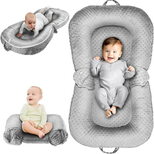 Baby Lounger Pillow : 3-in-1 Infant Lounger for Newborn 0-24 Months, Portable Tummy Time Mat for Home and Travel, Breathable & Soft Baby Seat for Baby, Babies Essentials Gifts, Grey