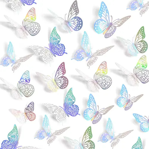SAOROPEB 3D Butterfly Wall Decor, 72 Pcs 3 Styles 3 Sizes, Removable Metallic Wall Sticker Room Mural Decals for Kids Bedroom Nursery Classroom Party Decoration Wedding Decor DIY Gift (Laser)