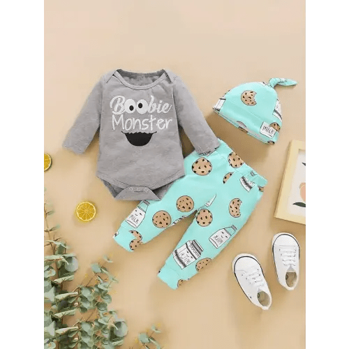 Baby's Letter Print Long Sleeve Bodysuit & Pants & Hat Set, Cute - TikTok Shop