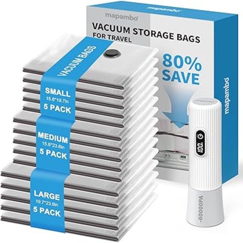 Mapambo Travel Vacuum Bags with -60000Pa LED Electric Pump, 15 Pack Vacuum Seal Bags for Clothing Travel in 3 Combo sizes, Space Saver Vacuum Storage Bags, Saving up to 80% of Space (15 Combo Size)