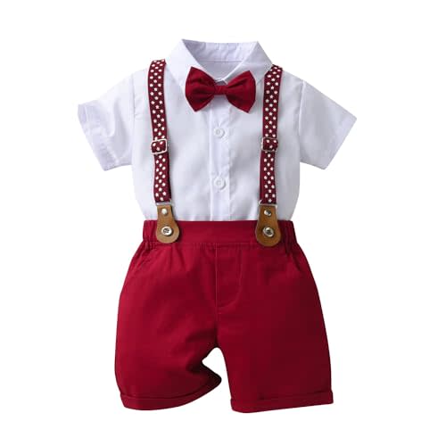 Boarnseorl Baby Boys Gentleman Outfits Shorts Sets,Infant Shirt + Shorts + Bow Tie + Suspenders