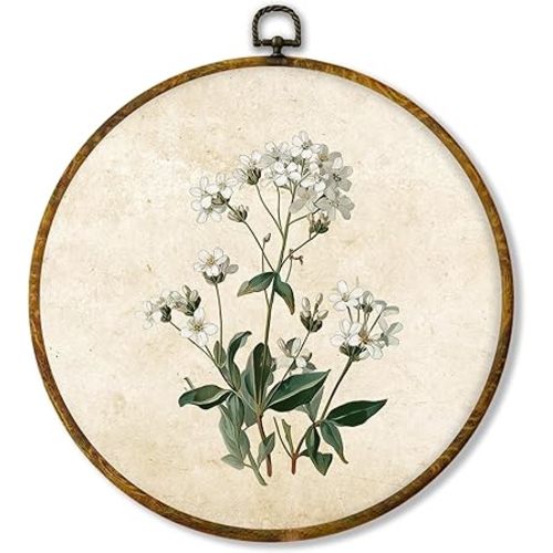shiviody Vintage Floral Canvas Wall Art Decor, Neutral Botanical Green Flower Decor, Retro French Country Round Hanging Frame Prints Decorations for Bedroom Dining Room Home 10"x10"