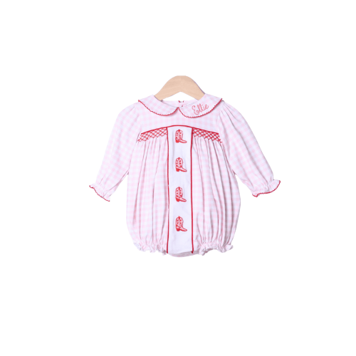 Smocked Valentine Boots Pink Gingham Bubble