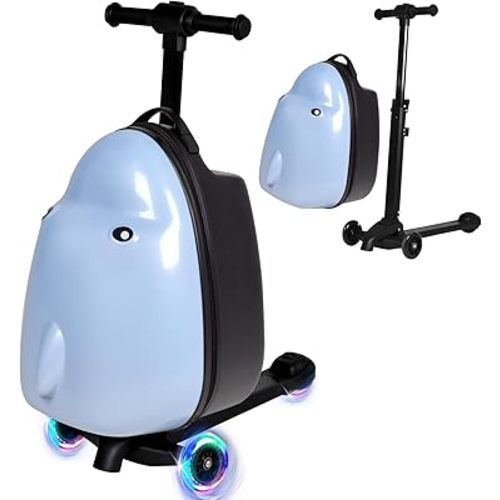 smilesun 4-in-1 Detachable Scooter Suitcase for Kids & Teens – 3D Owl/Dolphin Hardside Ride-On Luggage, Lightweight Foldable Design, Unique Travel Gift for Children (Cute Dolphin, 22-inch)