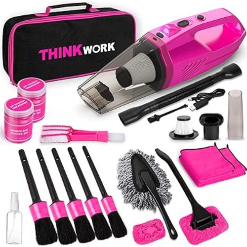 THINKWORK Car Detailing Kit with Vacuum, Pink Car Cleaning Accessories Set