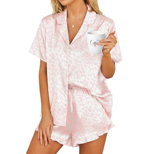 HOTOUCH Womens Satin Pajamas Set Button Down 2 Piece Ruffle Shorts Set | Cute Short Sets, 2 Piece Pjs, Soft Silk Stain, Ruffle Shorts, Lightweight Sleepwear