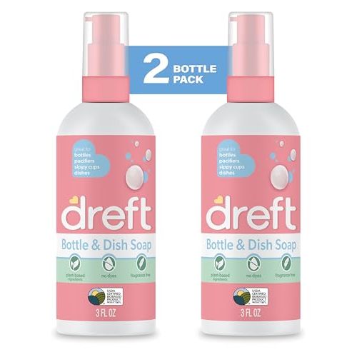 Dreft Bottle and Dish Soap | Made to Clean Baby Bottles, Sippy Cups, Pacifiers, Breast Pumps, & More | Gently Removes Milk Film & Odors | Plant Based, Fragrance Free Dish Soap | 3 Fl Oz (Pack of 2)
