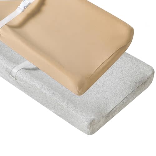 QUENESS Baby Changing Pad Cover, Stretchy Cotton Comfort Diaper Changing Table Covers for Baby Girls and Boys, Ultra Soft Breathable Changing Pad Sheets, Fit 32"/34" x 16" Pad (Light Grey & Khaki)