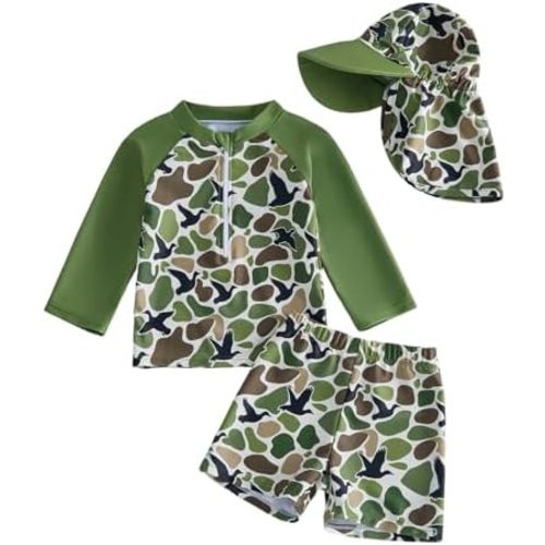 Baby Boys Swimsuit Long Sleeve Rash Guard Swimwear Baby Boy Swim Trunk with Hat Set 3-Piece Toddler Bathing Suit
