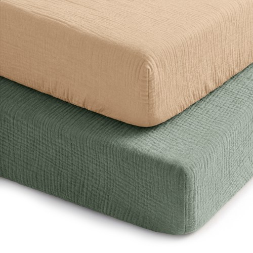 Muslin Fitted Crib Sheets, 2 Pack in Fern and Cream