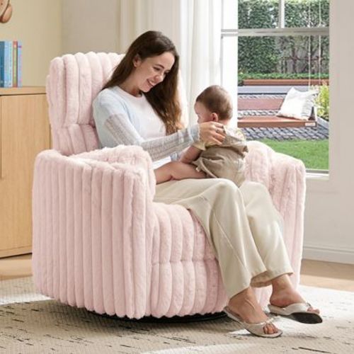 AMERLIFE Power Swivel Glider Recliner Chair with USB & Type-C, Corduroy Nursery Chair, Light Pink
