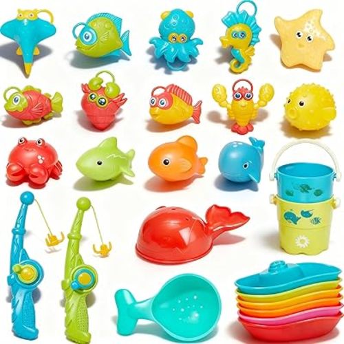 Toddler Bath Toys for Babies, 26 Pcs Mold Free Bathtub Toys with Fishing Rod Floating Boats Spoons Bucket No Hole Sea Animals and Storage Bag, Water Table Pool Toys for Toddlers and Kids