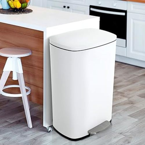 13 Gallon Trash Can, Brushed Stainless Steel Kitchen Trash Can with Soft-close Lid, Fingerprint-resistant Kitchen Garbage Can with Foot Pedal and Inner Bucket, Odor Proof Garbage Can, WHITE