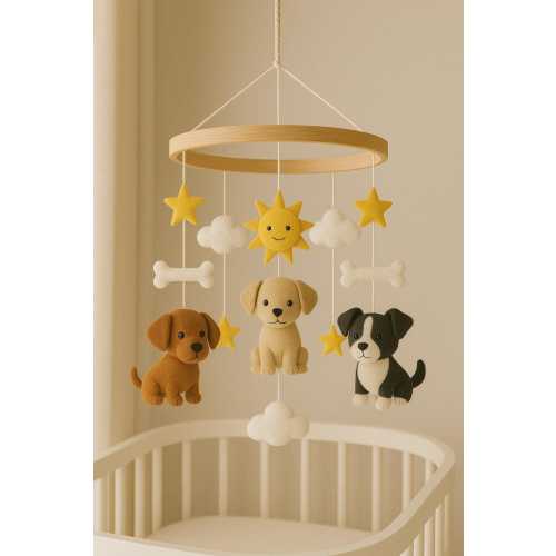 Handmade Felt Puppy Baby Mobile – Dog Nursery Decor with Sun, Stars, Clouds & Bones – Gender Neutral Crib Mobile