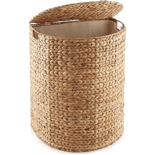 Casafield Half Moon Laundry Hamper with Lid and Removable Liner Bag - Natural, Woven Water Hyacinth Laundry Basket for Clothes and Towels