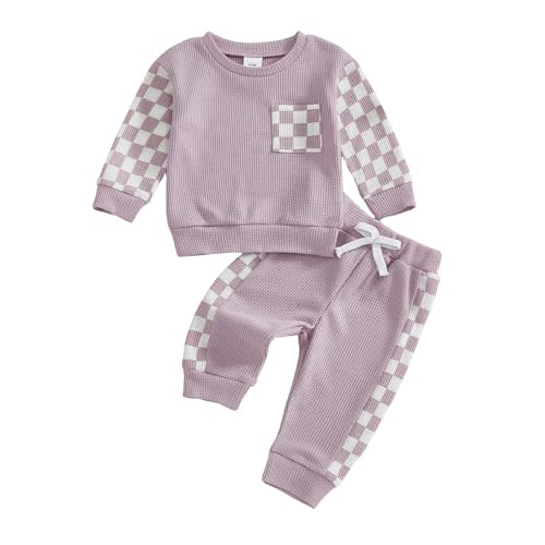 allshope Toddler Baby Girl Fall Outfit Checkerboard Patchwork Long Sleeve Sweatshirt Elastic Waist Pants Newborn Clothes Set