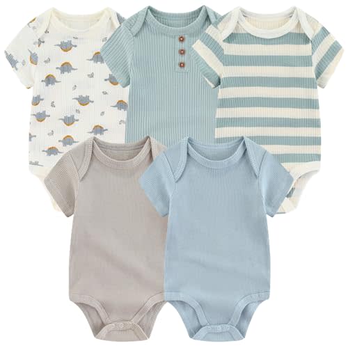 MAMIMAKA Newborn Baby Short Sleeve Bodysuit Cotton One-Piece Baby Clothes 5-Pack, 0-12 Months