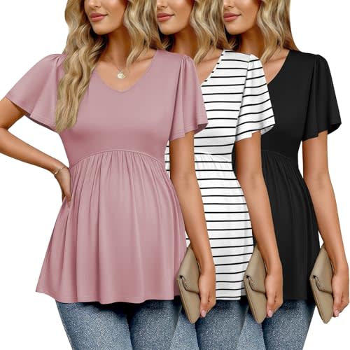 Ekouaer Maternity Shirts 3 Packs Summer Pregnancy Clothes Tops for Work | Pleated V Neck Maternity Outfits, Flying Short Sleeve Maternity Blouse T-Shirt Gifts for Pregnant Women