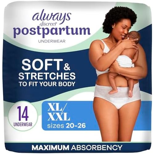 Always Discreet Postpartum, Reimagined Adult Diapers for Women, Maximum Absorbency Postpartum Underwear Size XL/XXL, Up to 100% Leak Free Bladder Leak Protection, 14 Count