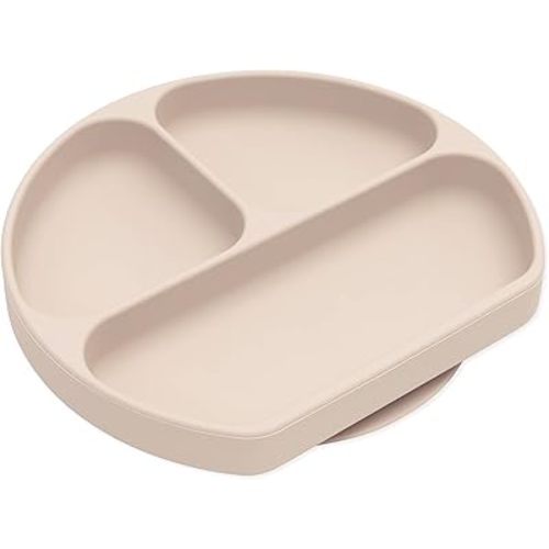 Bumkins Toddler and Baby Suction Plate, Silicone Divided Grip Dish, Babies and Kids, Baby Led Weaning, Children Feeding Supplies, Non Skid Sticky Bottom, Platinum Silicone, Ages 6 Months Up, Beige