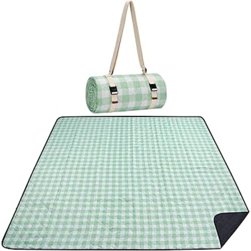 Picnic Blanket, 80''x80'' Waterproof Outdoor Blankets, Picnic Mat Washable for Beach, Picnic Blankets for Camping on Grass with Shoulder Strap - Green & White