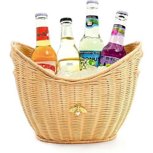 Lexenic Ice Bucket with Handle Hole, Woven and Acrylic Double Layer Basket Design, 4L Champagne Wine Ice Bucket for Cocktail Bar, Parties, Picnics- Anti Frozen Hands Anti Water Leakage (Rattan)