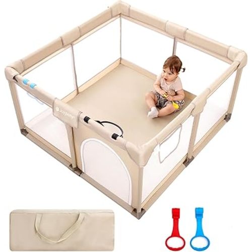 Joypony Baby Playpen, 50x50 in Small Play Pen for Babies and Toddlers, Playpen for Kids with Gate, Indoors Play Yard with Soft Breathable Mesh (Beige)