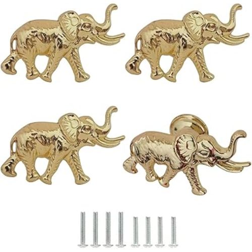 Elephant Cabinet Knobs, Vintage Decorative Metal Animal Elephant Shape Knobs Pulls Handles for Door Drawer Cupboard Closet, Antique Dresser Knobs Home Hardware Furniture Handle 4Pcs (Gold)