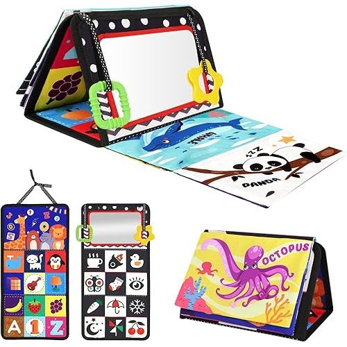 URMYWO Tummy Time Toy - Black and White High Contrast Baby Toys for Newborn - Baby Visual Stimulation Mirror - Montessori Sensory Crinkle Toy for Infant 0-3-6-12 Months - Shower Gift for Boy Girl