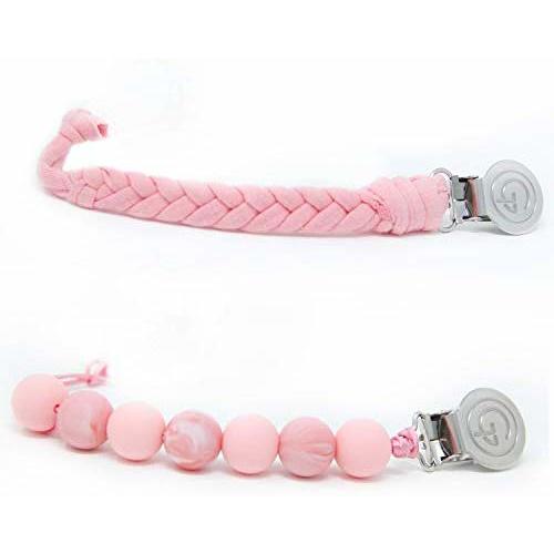 Teething Pacifier Clips BPA Free Silicone Beaded Binky Holder & Soft Chewable Braided Cotton Teether Toy Leash Baby Shower Gift (Set of 2 Pink)