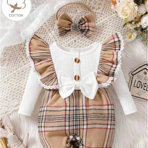 1pc Baby Girls' Casual Round Neck Plaid Long Sleeve Jumpsuit With Headband, Spring/Autumn | SHEIN USA