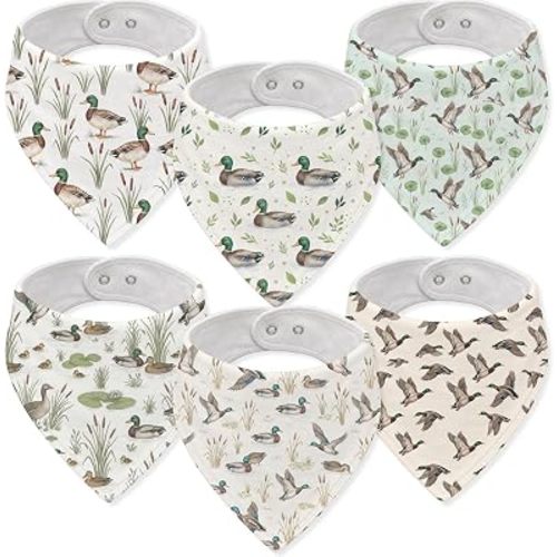 6-Pack Baby Drool Bibs for Baby Boys Girls, Mallard Duck Cotton Baby Bibs for Drooling Teething Feeding, Soft Absorbent Bandana Bibs with Adjustable Snaps for Newborn Infants