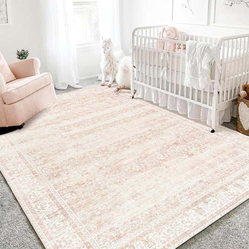Nursery Rug for Baby Girl,Neutral B Pink Boho Cute Floral Foldable Machine Washable Soft Faux Wool Carpet Area Rugs for Living Room Bedroom Dorm Kids Playroom,5x7