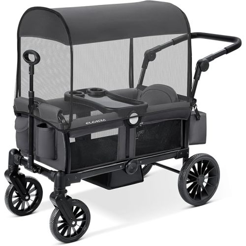 ELEMARA Foldable Wagon Stroller, Stroller Wagon for 2 Kids, Premium All Terrain Wagon for Kids with Removable Canopy, Adjustable Push/Pull Handle, Harnesses, Large Storage Bag