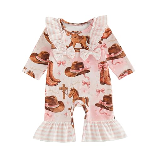 Baby Girl Cowgirl Outfit Hat Boots Print Romper Western Jumpsuit | Western Baby Girl Clothes, Long Sleeve Ruffle Romper, Bell Bottom Jumpsuit, Infant Cowgirl Outfit, Fall Winter Clothes
