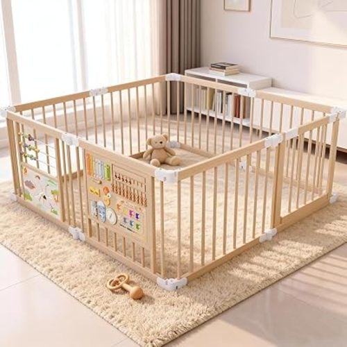63×63" Foldable Wooden Playpen, Natural Wood Baby Playpen, Portable with Adjustable Size and Shape, Includes 2 Game Boards, 10+ Toy Set, Suitable for Indoor Use