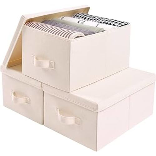Vailando Storage Bin 3pck Large Storage Bin with Lids Decorative Storage Boxes Fabric Storage Bins with 2 Handle Storage Box Use for Closet, Garage, Clothes, Toys, Blankets Fabric Cotton Linen