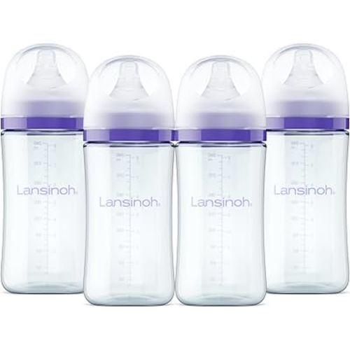 Lansinoh Glass Baby Bottles, Anti-Colic, 8 Ounces, 4 Count Bottles for Feeding, Baby Essentials, Includes 4 Medium Flow Nipples, Size M