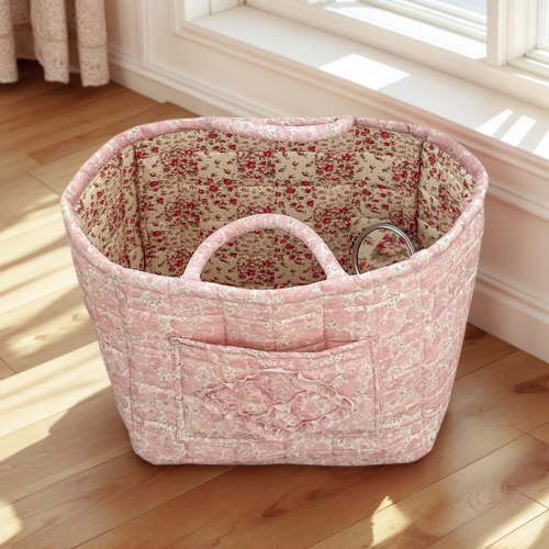Quilted Fabric Storage Basket Boho Floral Laundry Baskets with Handles Collapsible Quilted Soft Basket for Car, Clothes, Toys Storage