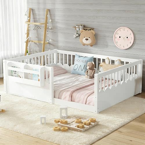 Bellemave Full Size Kids Floor Bed with Heightened Fence and Bookshelf, Wooden Full Montessori Bed Frame for Girls Boys, White
