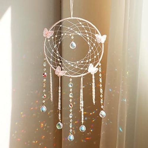 Artilady Butterfly Dream Catchers with Crystals - Large Boho Pink Moon Dream Catcher Wall Decor Home Decorations Girls Kids Baby Bedroom Room Decor Christmas Birthday Teen Girl Boys Gifts