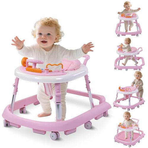 Foldable Baby Walker with Wheels – 9 Adjustable Heights, Reinforced Frame, Activity Center with Music & Lights, Removable Tray, Two Rear Wheel Modes (Swivel or Forward-Only) for Babies 6-18 Months