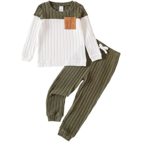 Toddler Boy Clothes Fleece Fall Winter Outfit Color Block Ribbed Long Sleeve Sweatshirt and Pants 2Pcs Set 18M-5T