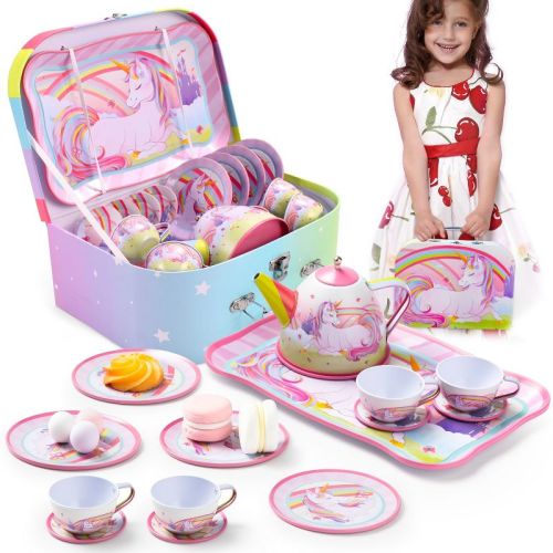 Joyfy Kid Tea Set, Unicorn Tea Set for Toddlers, Tea Party Pretend Play Set, Kitchen Toy Easter Birthday Gift for Little Girls Ages 3 4 5 6 Years