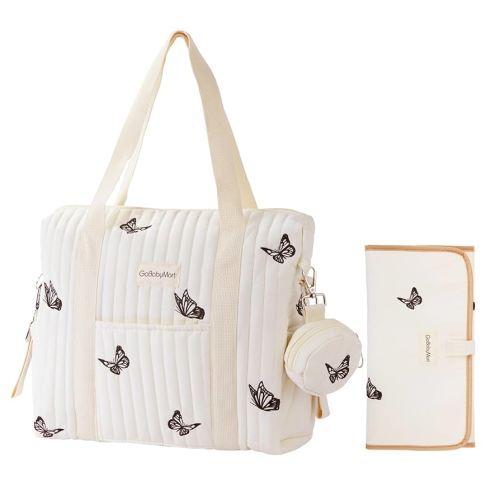 Large Diaper Bag Tote, Maternity Travel diaper tote, Multifunction baby bag, Baby Nappy Bags, Messenger bag (Medium - Beige Butterflies)