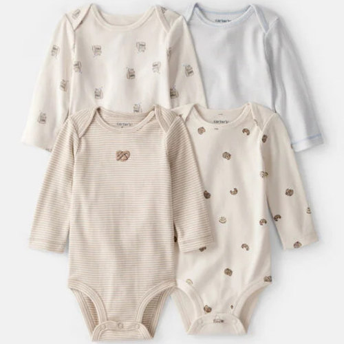 Baby 4-Pack Snack Time Long-Sleeve Multipack Bodysuits - Blue/White/Brown (Size 9M)