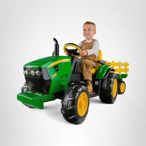 Peg Perego John Deere Ground Force Extra-Large 12 volt Ride-On Tractor with Trailer & FM Radio, Durable Design for Kids Ages 3-7